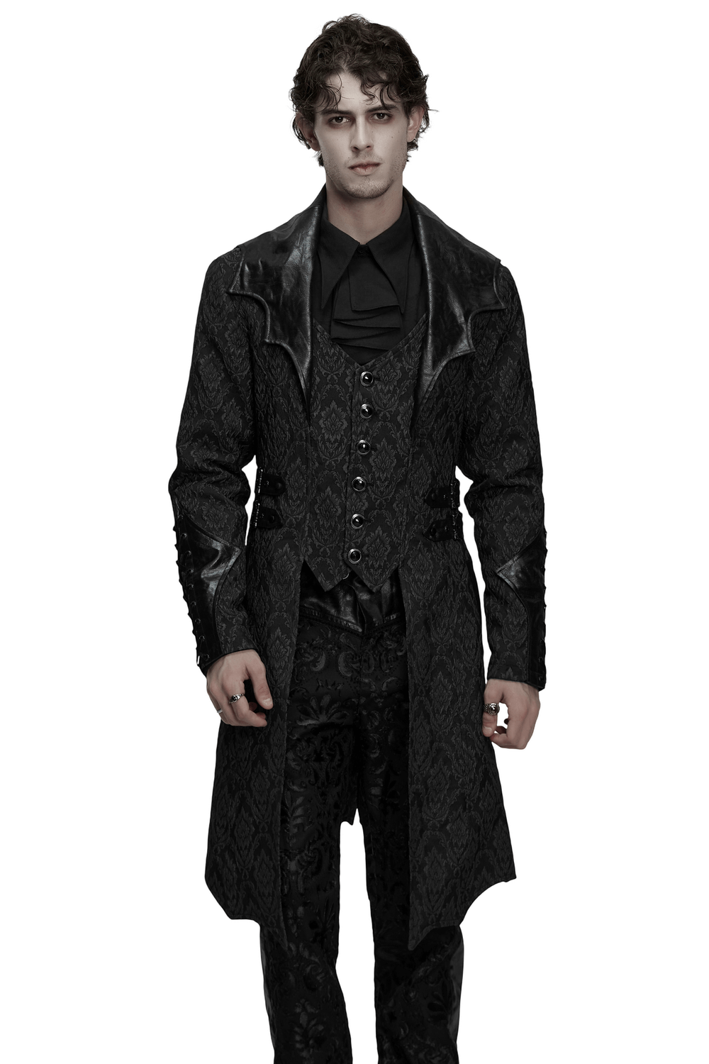 Men's Gothic Jacquard Coat with Bat Lapel and Details
