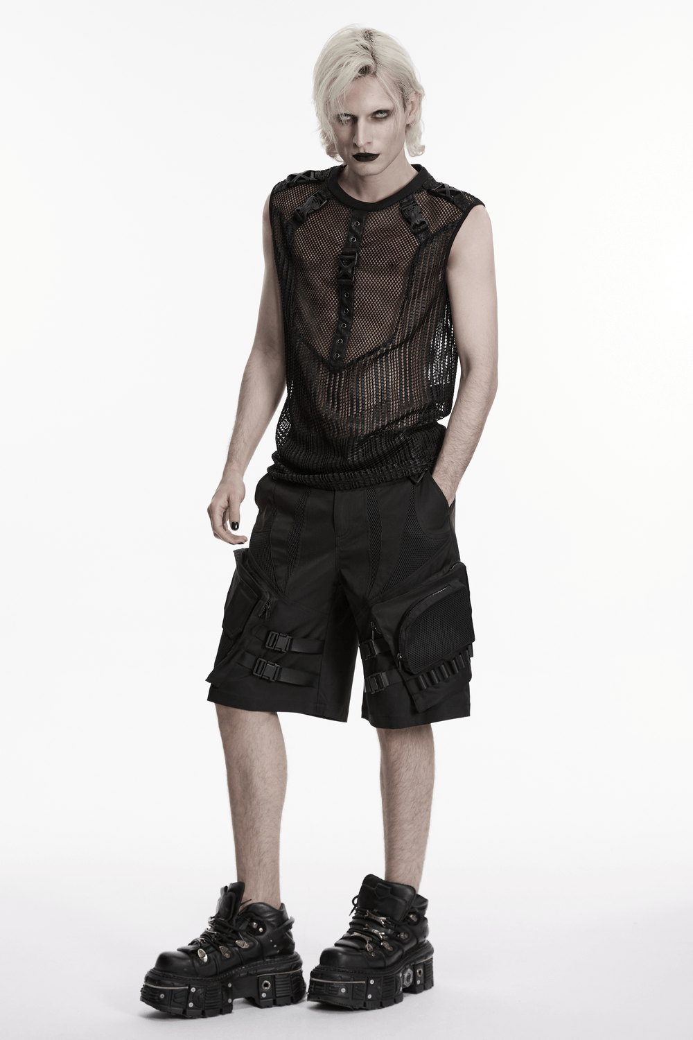 Men's Gothic Mesh Sleeveless Punk Top With Buckle Details