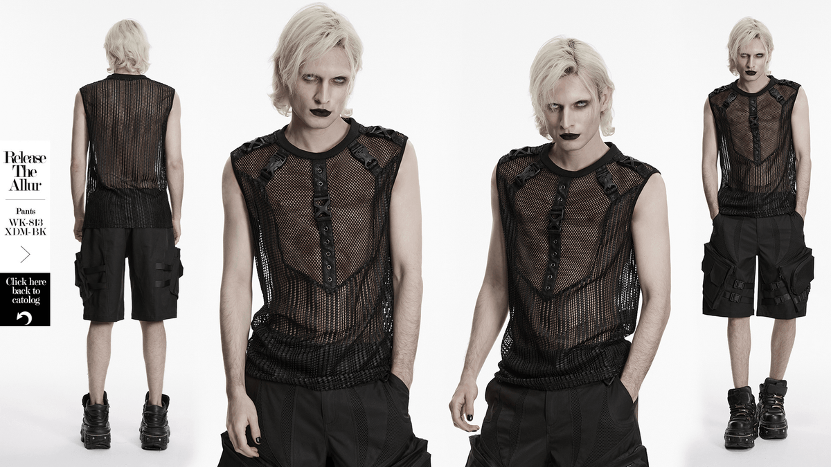 Men's Gothic Mesh Sleeveless Punk Top With Buckle Details