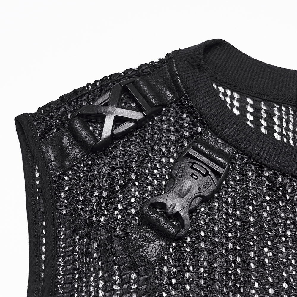 Men's Gothic Mesh Sleeveless Punk Top With Buckle Details