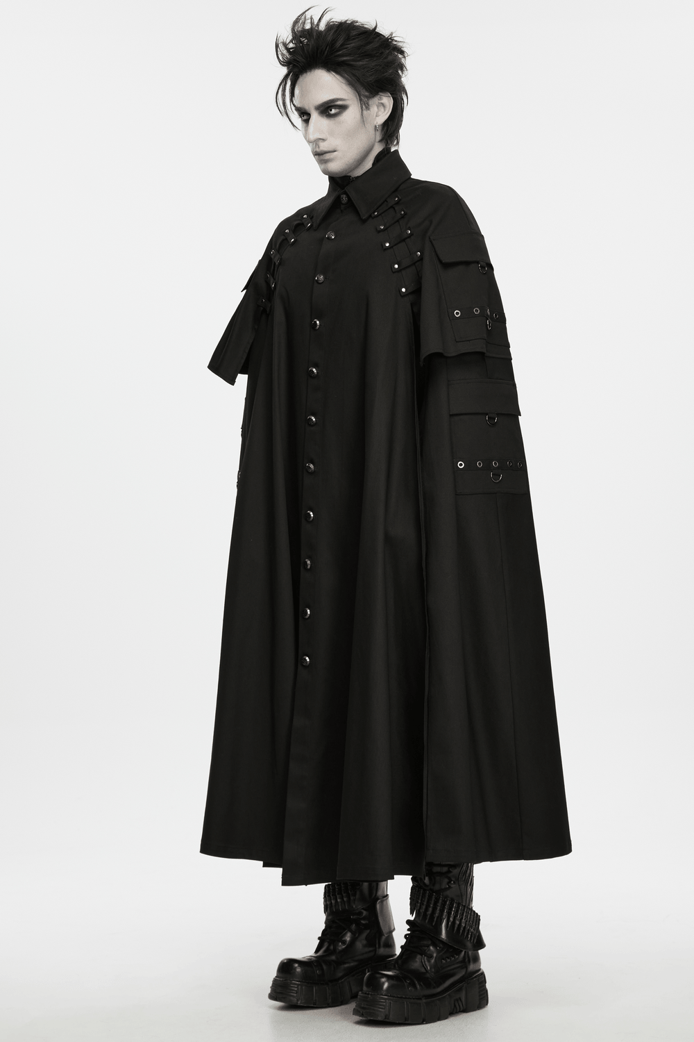 Men's Gothic Punk Long Cloak with Strap Details