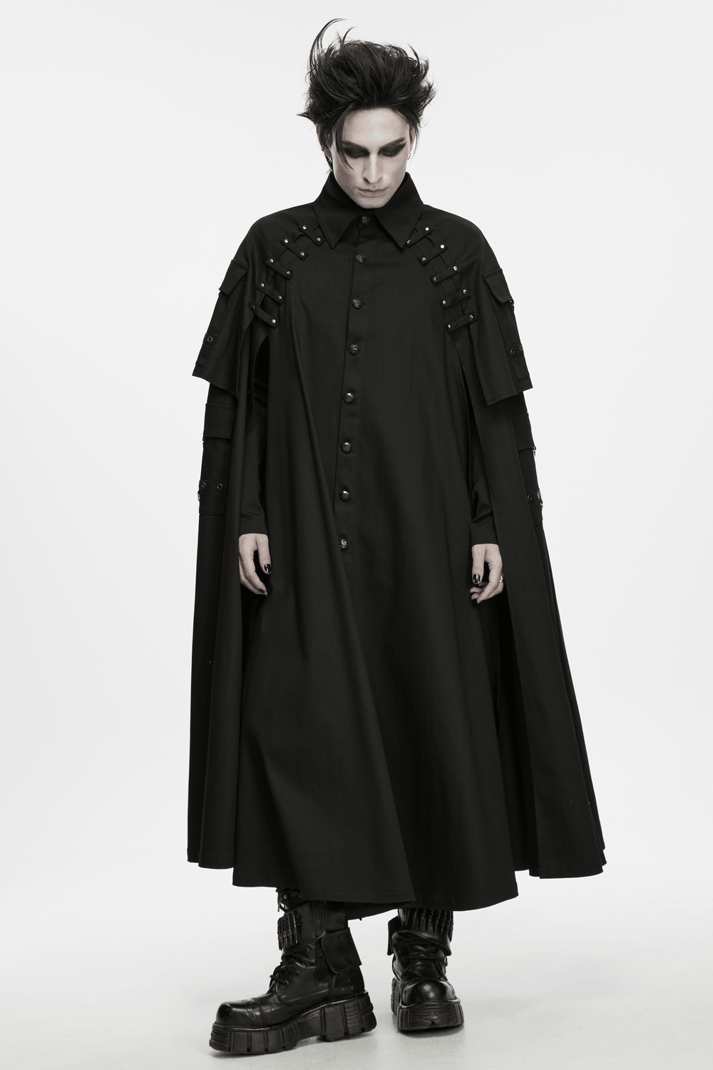 Men's Gothic Punk Long Cloak with Strap Details
