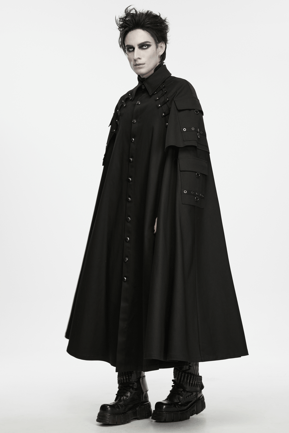 Men's Gothic Punk Long Cloak with Strap Details