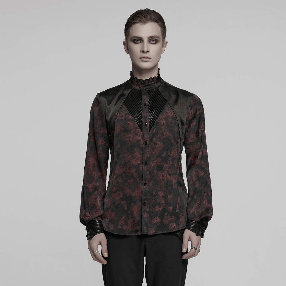 Men's Gothic Shirt with Pleated Collar and Leather Trim