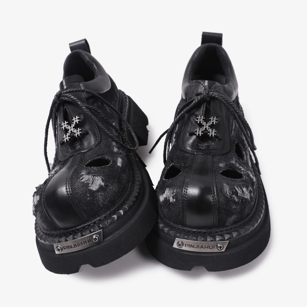 Men's Grunge Distressed Denim Derby Shoes with Cutout Detail