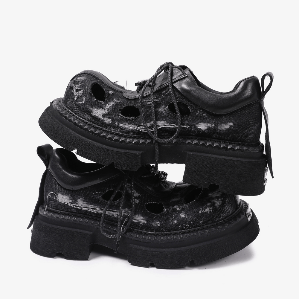 Men's Grunge Distressed Denim Derby Shoes with Cutout Detail