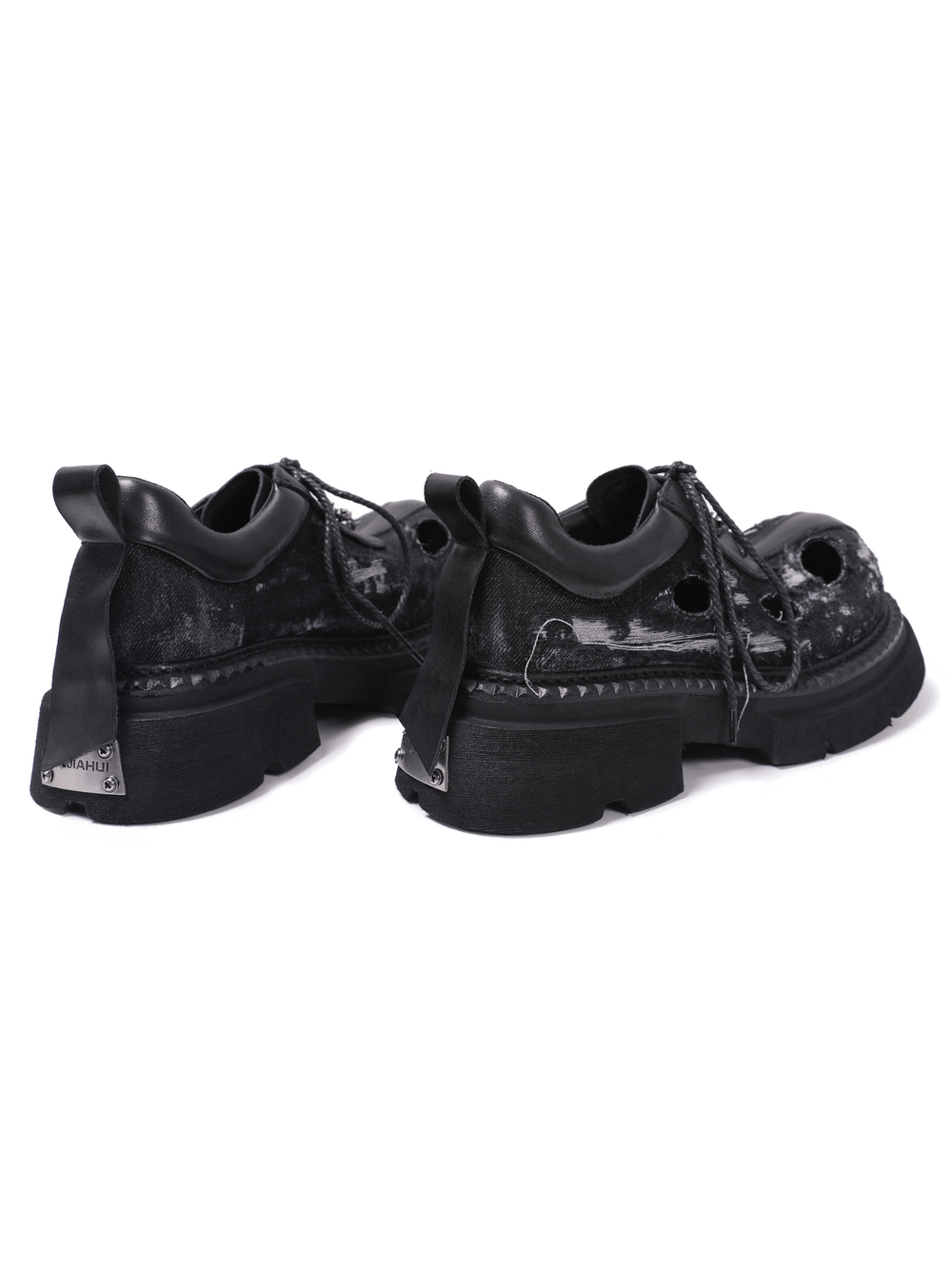 Men's Grunge Distressed Denim Derby Shoes with Cutout Detail