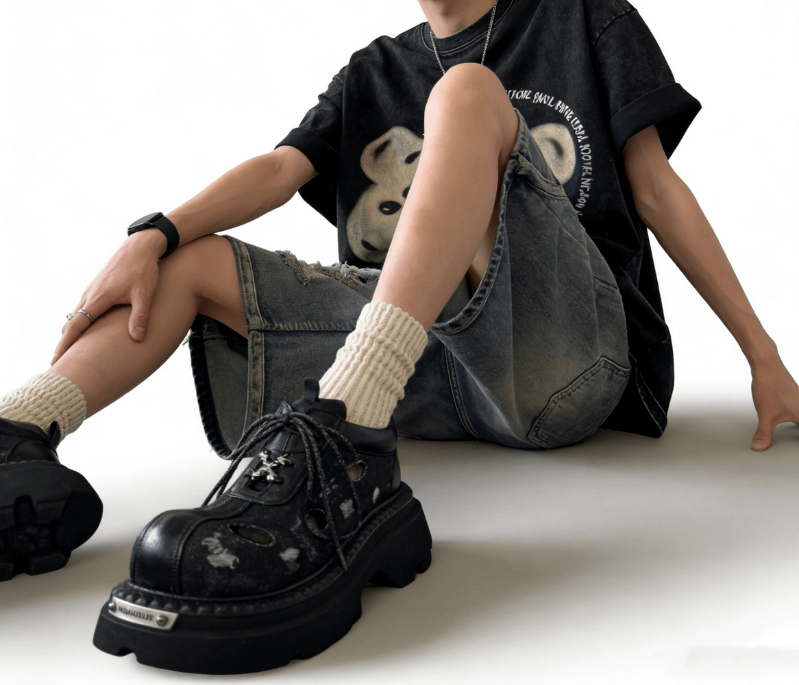 Men's Grunge Distressed Denim Derby Shoes with Cutout Detail
