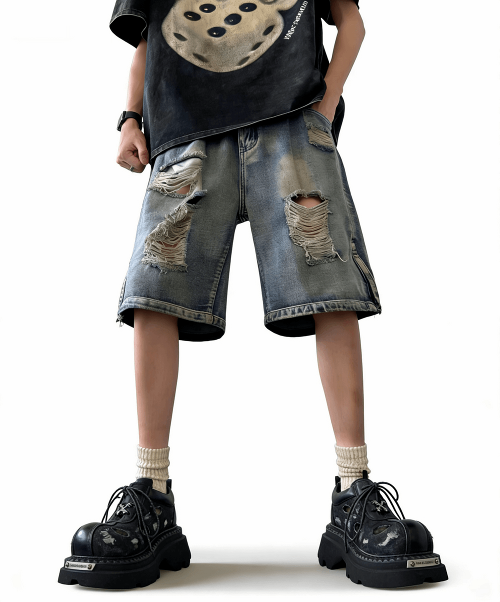 Men's Grunge Distressed Denim Derby Shoes with Cutout Detail