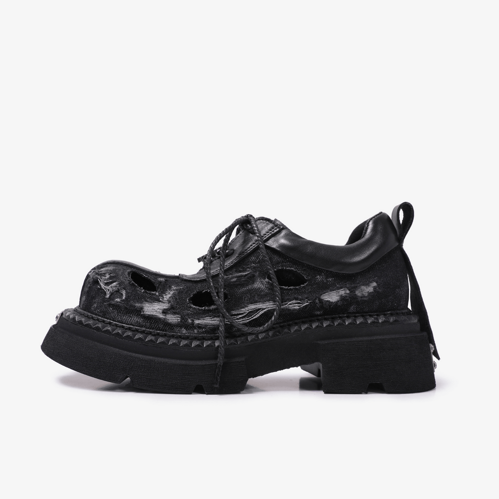 Men's Grunge Distressed Denim Derby Shoes with Cutout Detail