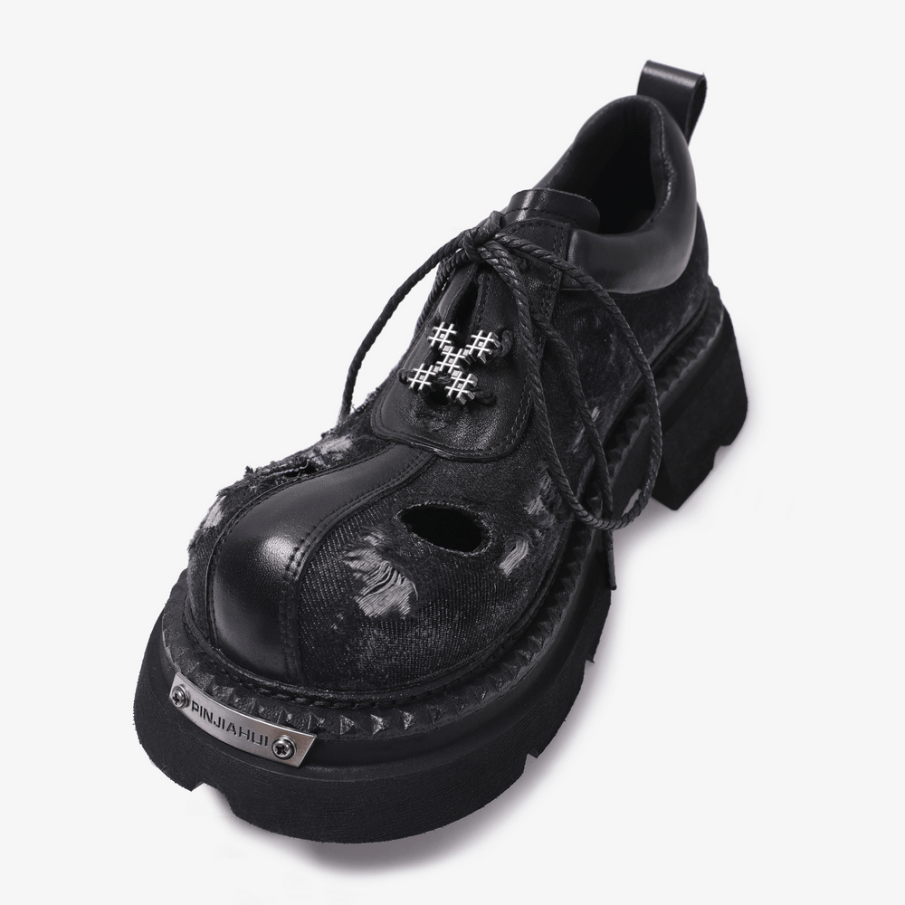 Men's Grunge Distressed Denim Derby Shoes with Cutout Detail