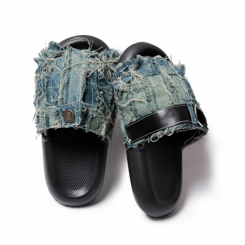 Men's Grunge Shredded Denim Strap Slide Sandals with Ring