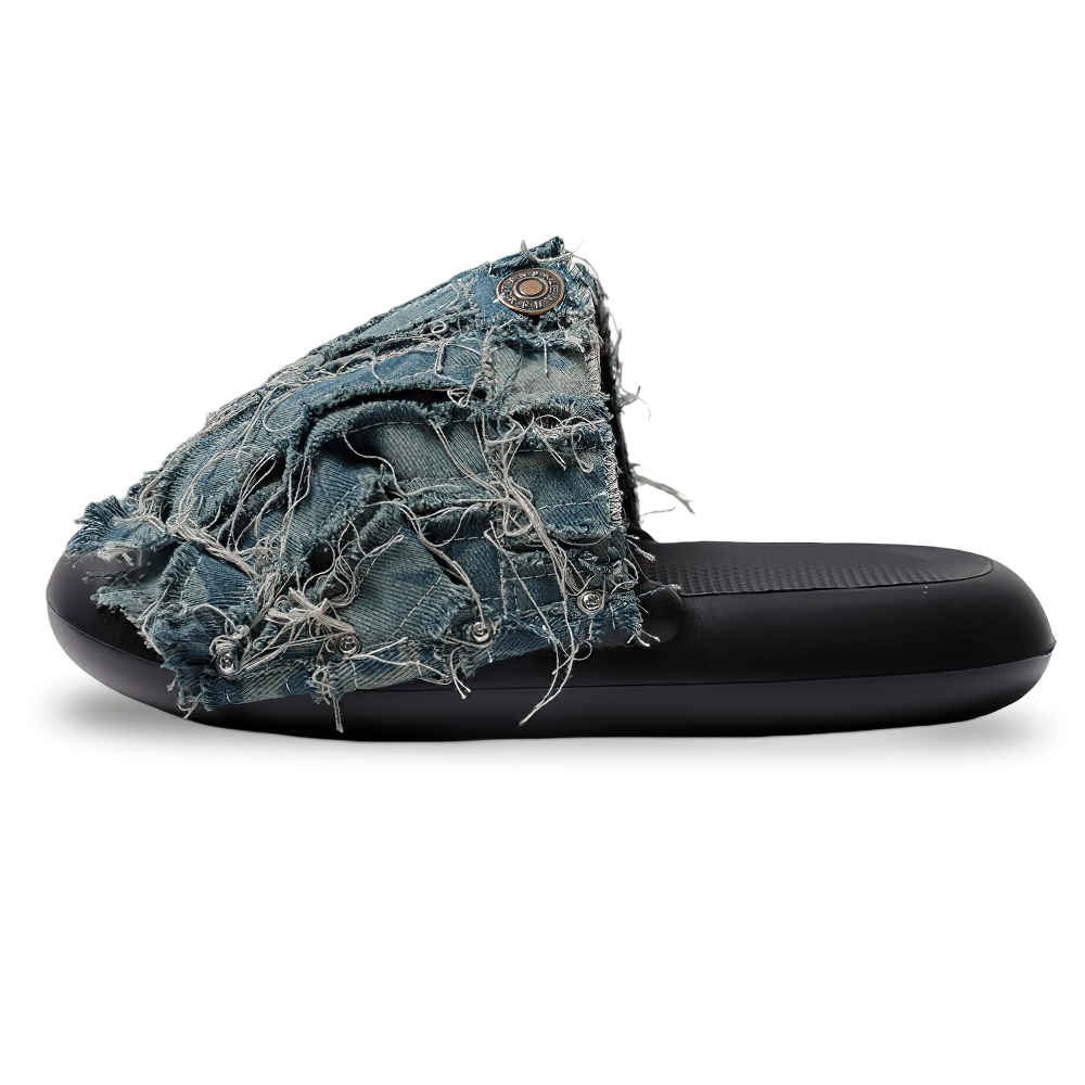 Men's Grunge Shredded Denim Strap Slide Sandals with Ring