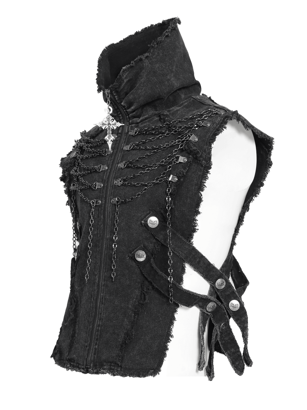 Men's High Collar Vest with Chains and Side Strap Cutouts