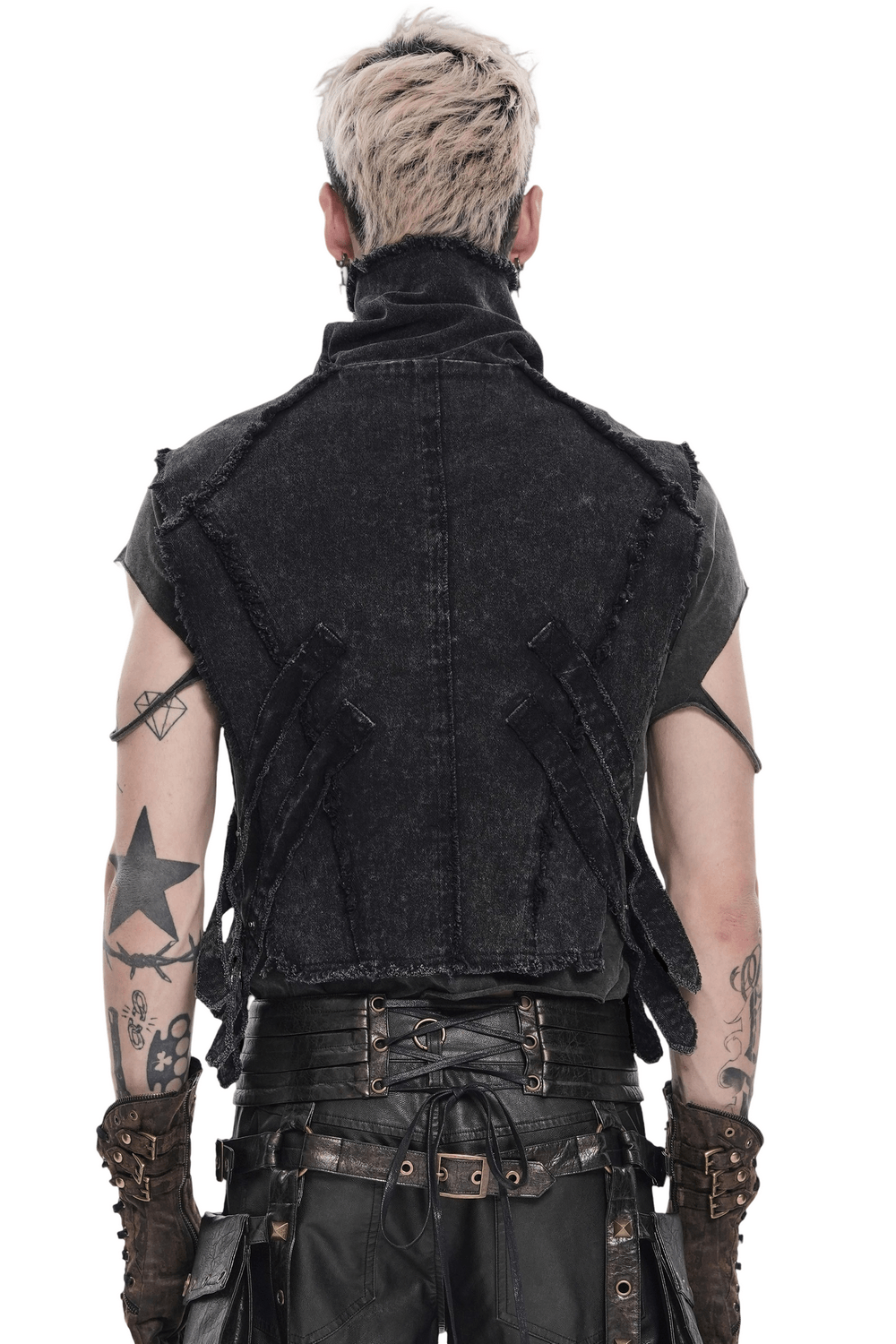 Men's High Collar Vest with Chains and Side Strap Cutouts