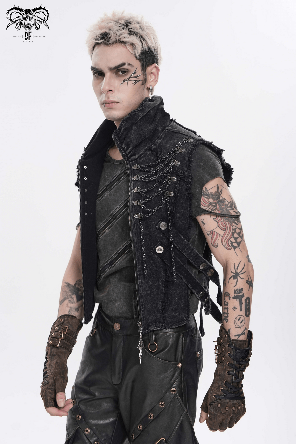 Men's High Collar Vest with Chains and Side Strap Cutouts