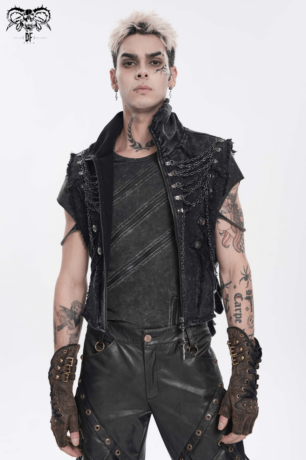 Men's High Collar Vest with Chains and Side Strap Cutouts
