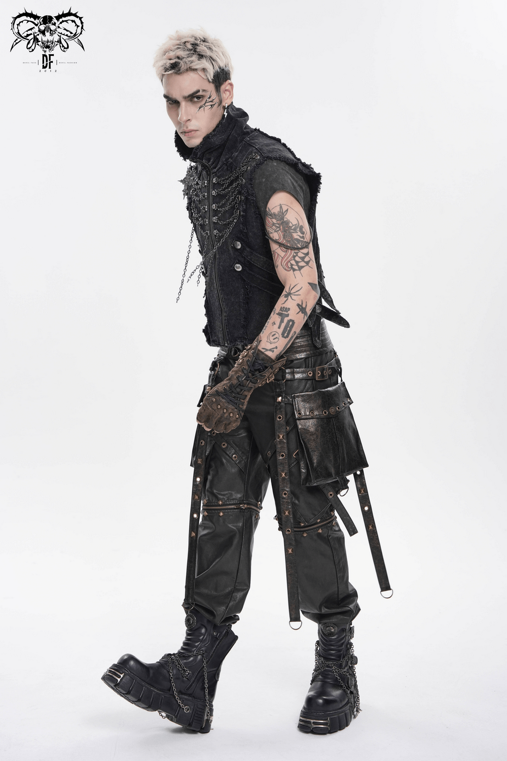 Men's High Collar Vest with Chains and Side Strap Cutouts
