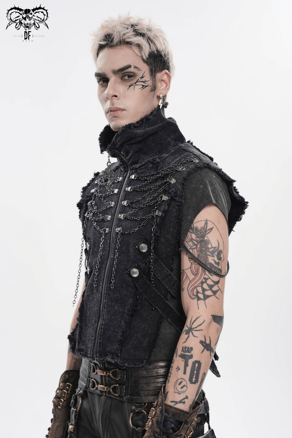 Men's High Collar Vest with Chains and Side Strap Cutouts