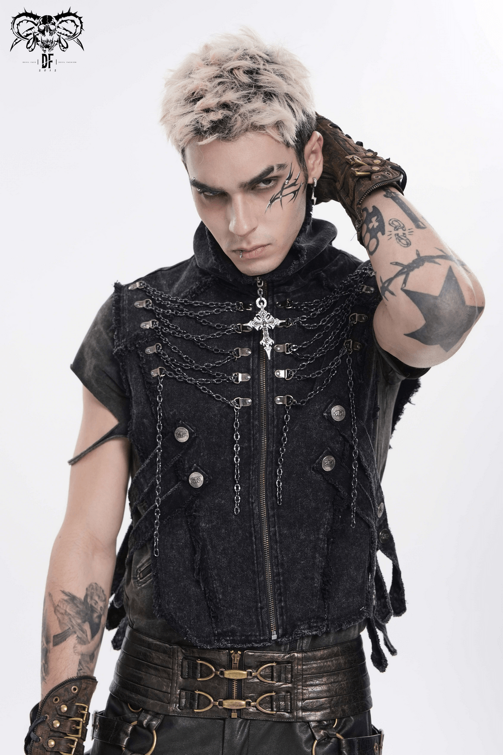 Men's High Collar Vest with Chains and Side Strap Cutouts