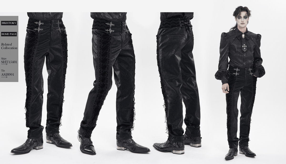 Men's Lace-Up Brocade Black Pants with Silver Clasps