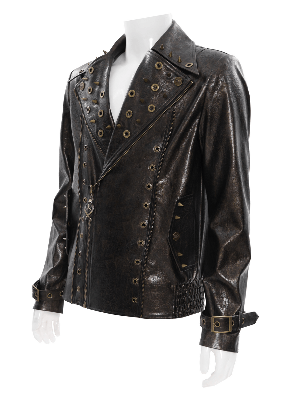 Men's Punk Biker Jacket with Studs and Zipper Trim