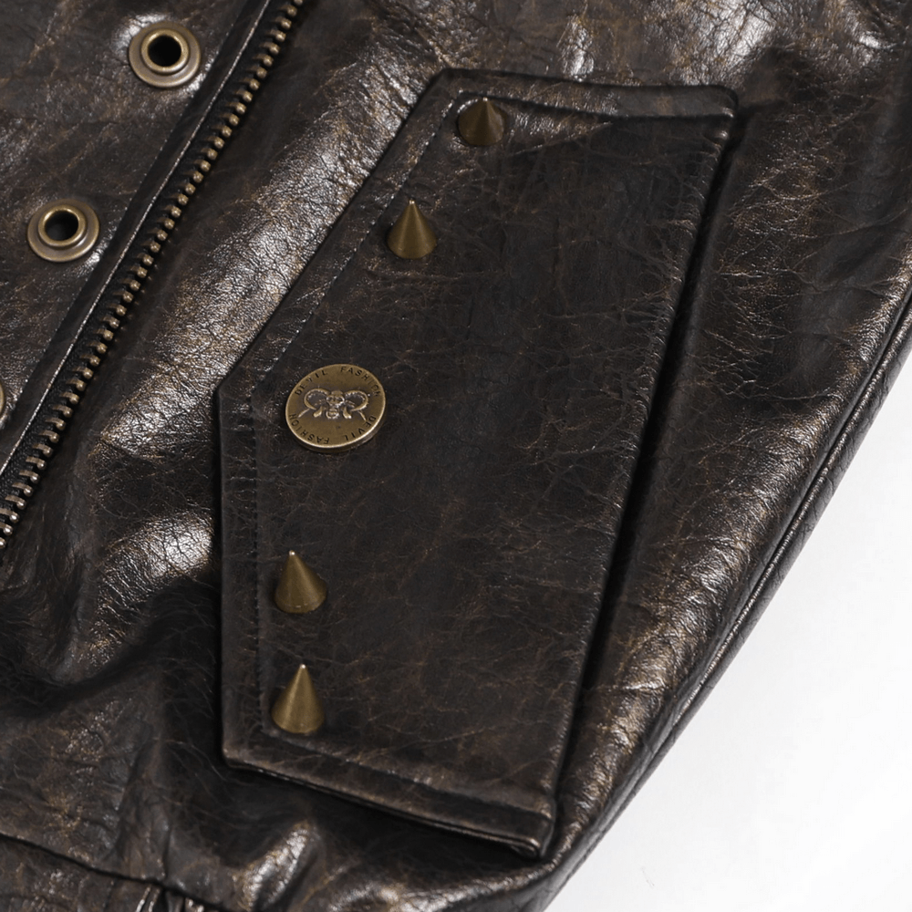 Men's Punk Biker Jacket with Studs and Zipper Trim