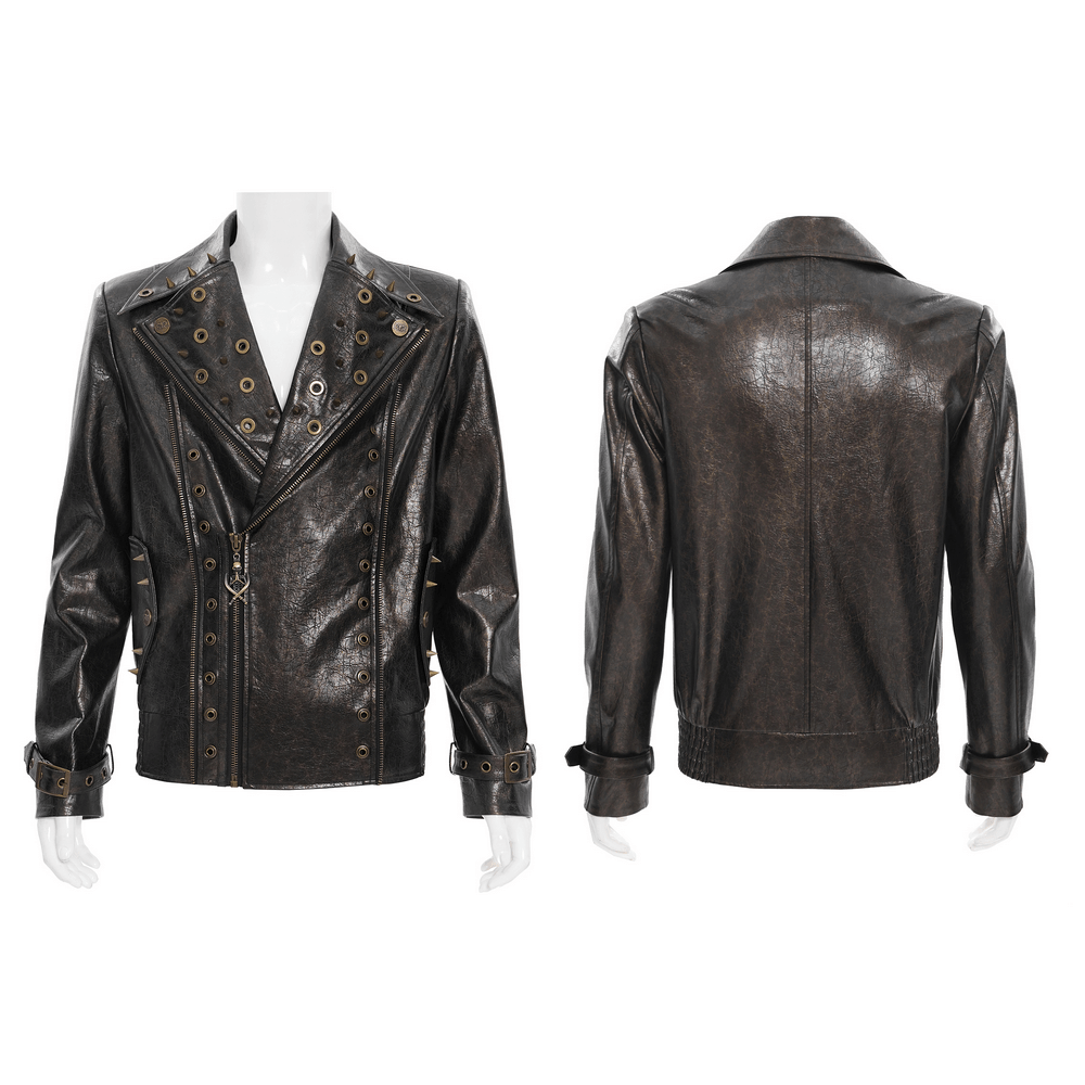 Men's Punk Biker Jacket with Studs and Zipper Trim