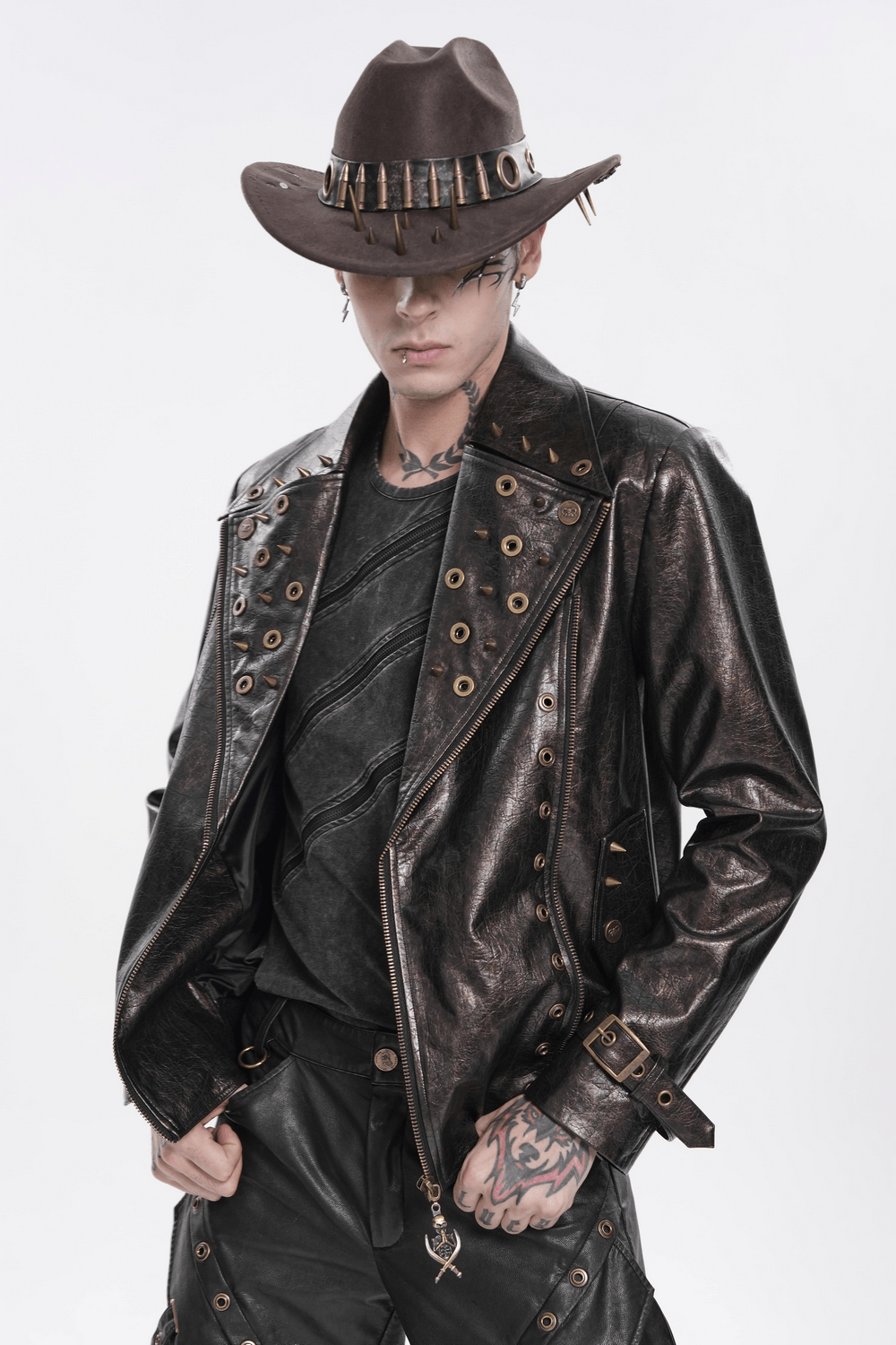 Men's Punk Biker Jacket with Studs and Zipper Trim