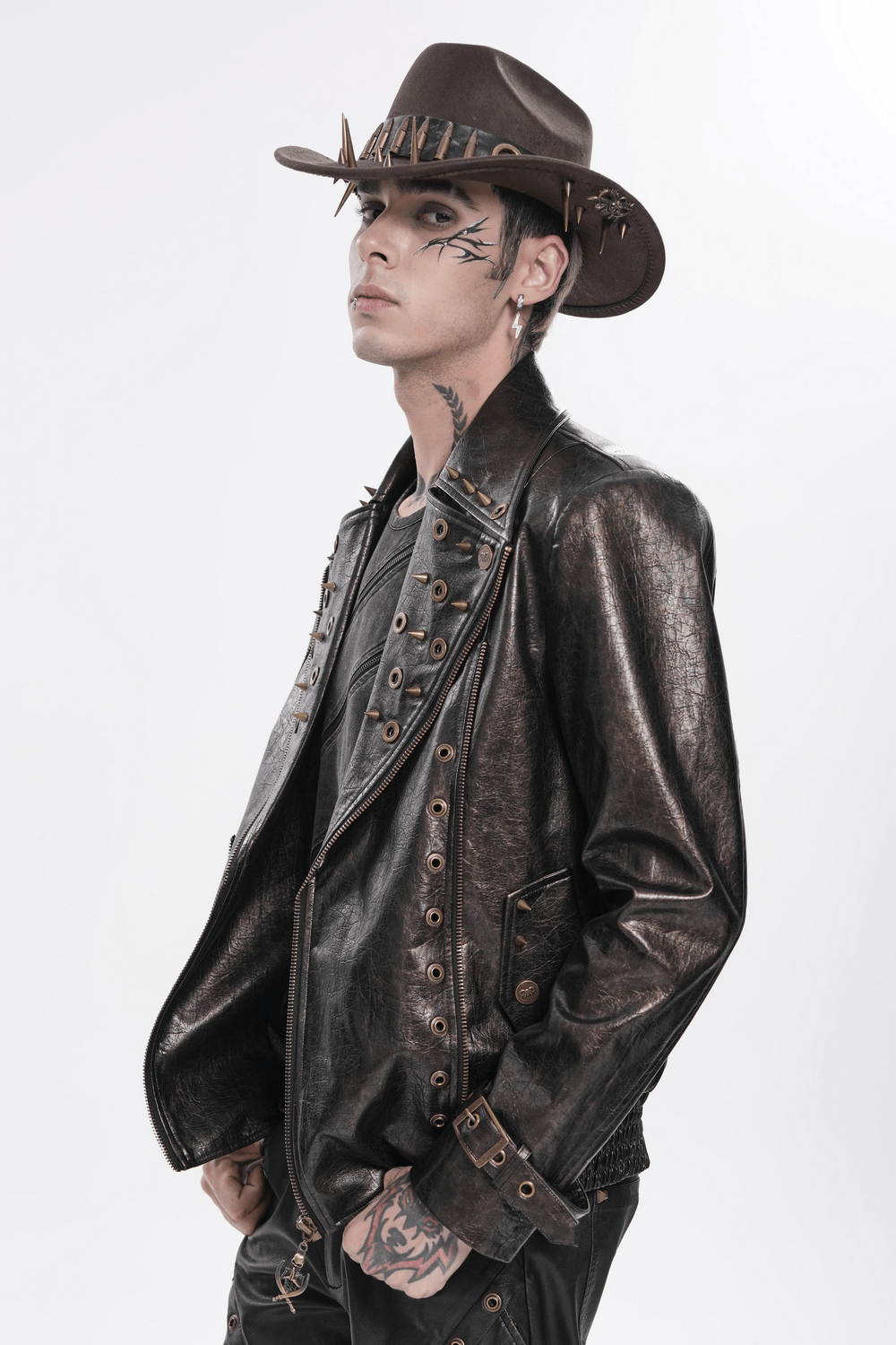 Men's Punk Biker Jacket with Studs and Zipper Trim