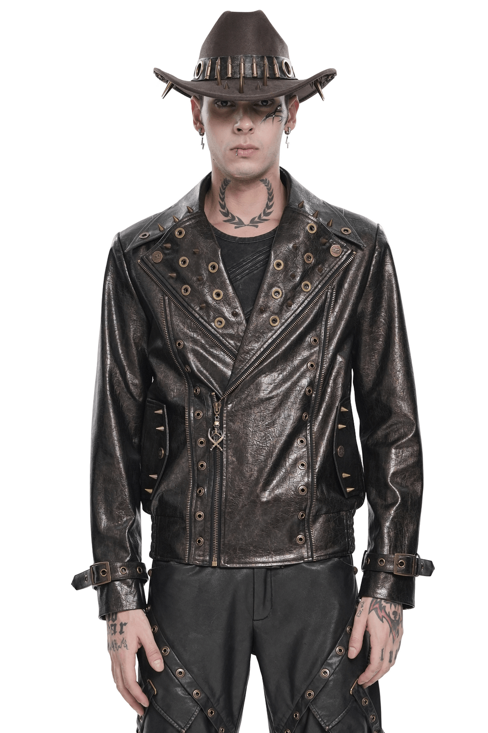 Men's Punk Biker Jacket with Studs and Zipper Trim