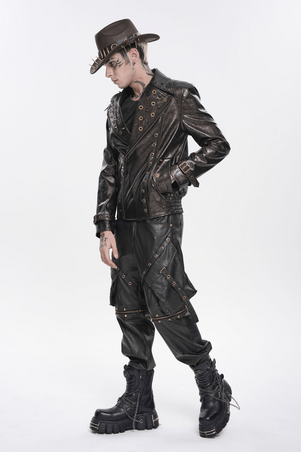 Men's Punk Biker Jacket with Studs and Zipper Trim