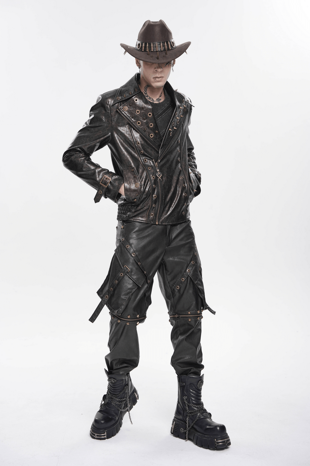 Men's Punk Biker Jacket with Studs and Zipper Trim