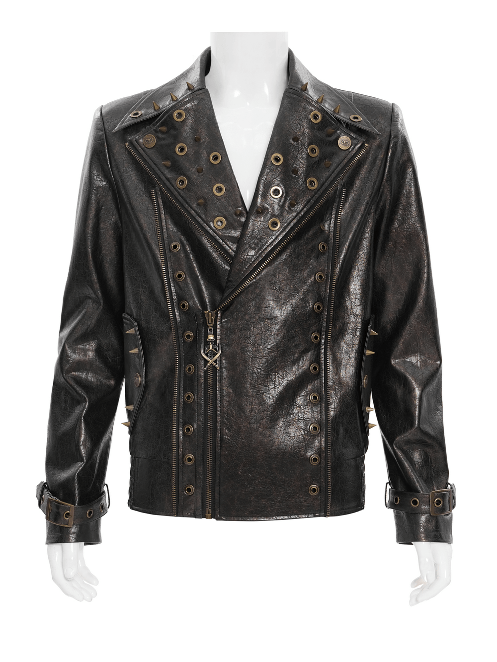 Men's Punk Biker Jacket with Studs and Zipper Trim