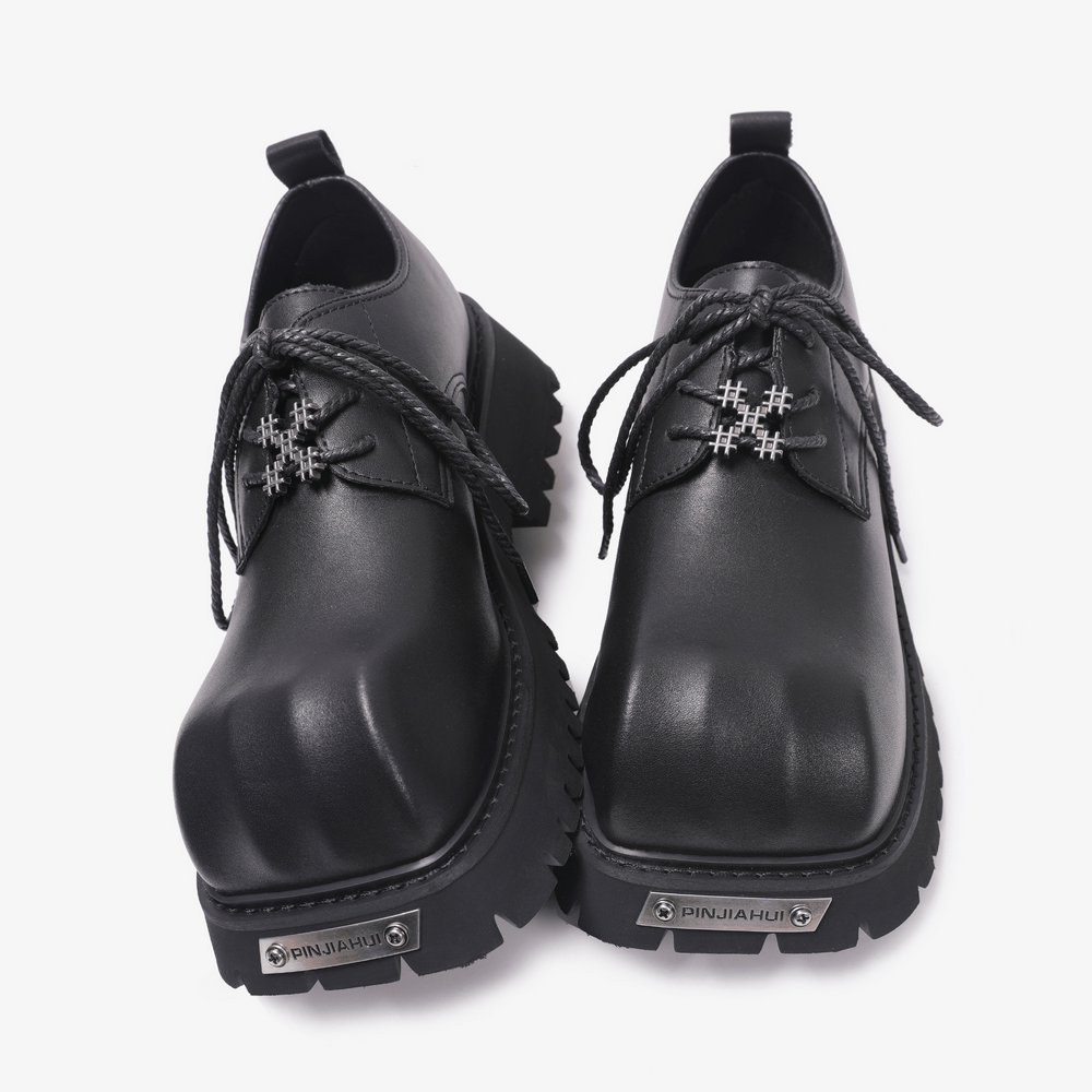 Men's Punk Black Lace-Up Derby Shoes with Lug Soles