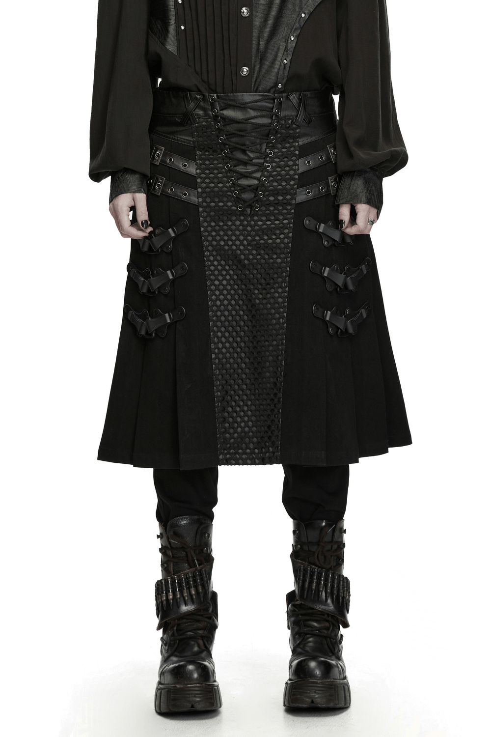 Men's Punk Kilt Skirt with Faux Leather and Mesh Panels