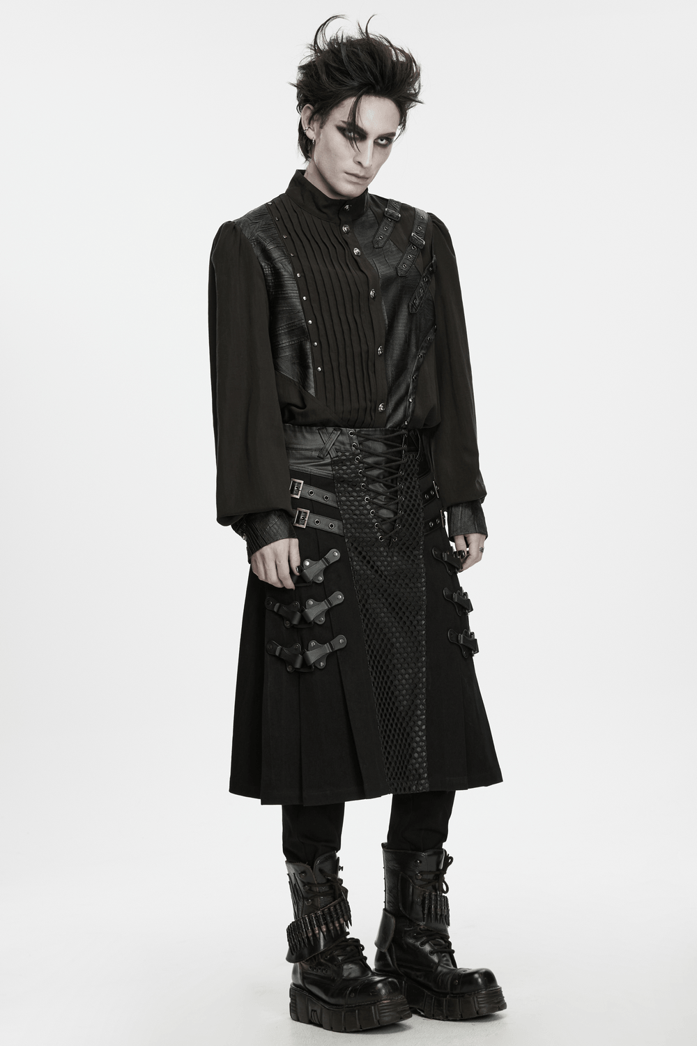 Men's Punk Kilt Skirt with Faux Leather and Mesh Panels