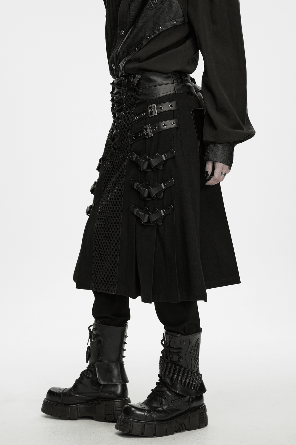 Men's Punk Kilt Skirt with Faux Leather and Mesh Panels