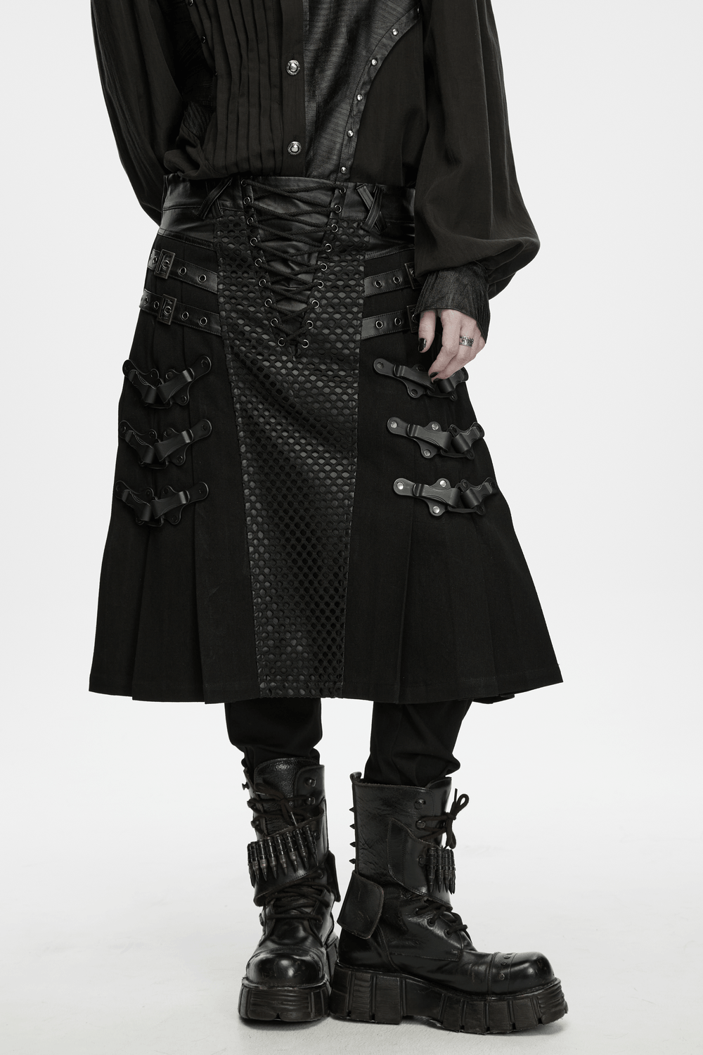Men's Punk Kilt Skirt with Faux Leather and Mesh Panels