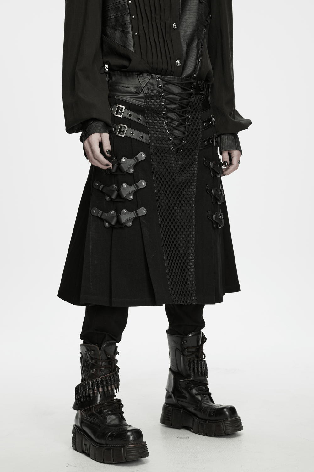 Men's Punk Kilt Skirt with Faux Leather and Mesh Panels