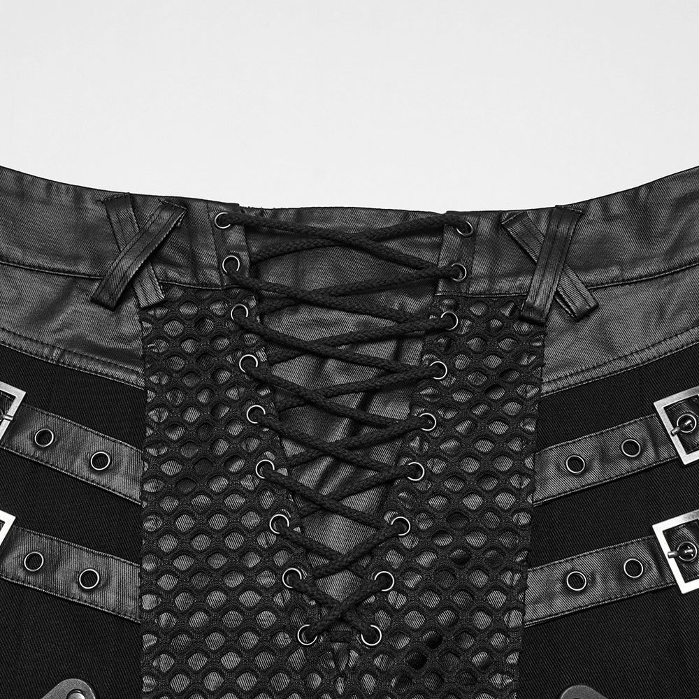 Men's Punk Kilt Skirt with Faux Leather and Mesh Panels