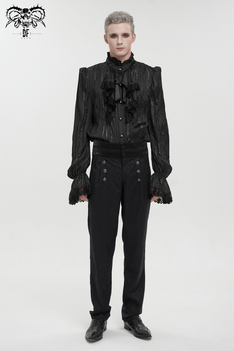 US SALE of Gothic Puff Sleeved Ruffled Shirt / Black Shirt with Buttons and Removable Сhains