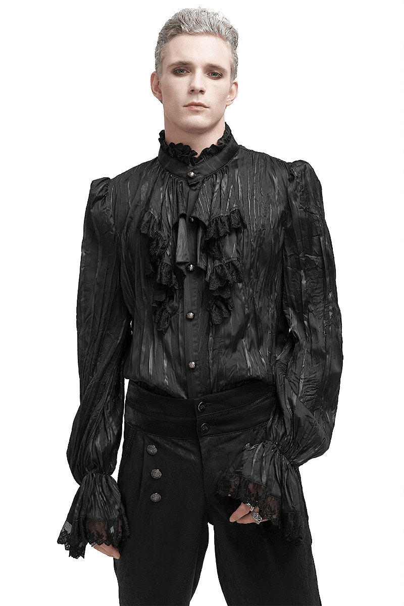 US SALE of Gothic Puff Sleeved Ruffled Shirt / Black Shirt with Buttons and Removable Сhains
