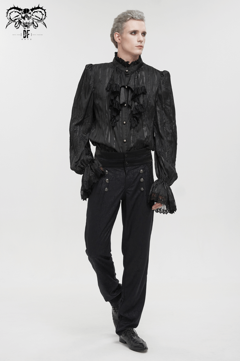 US SALE of Gothic Puff Sleeved Ruffled Shirt / Black Shirt with Buttons and Removable Сhains