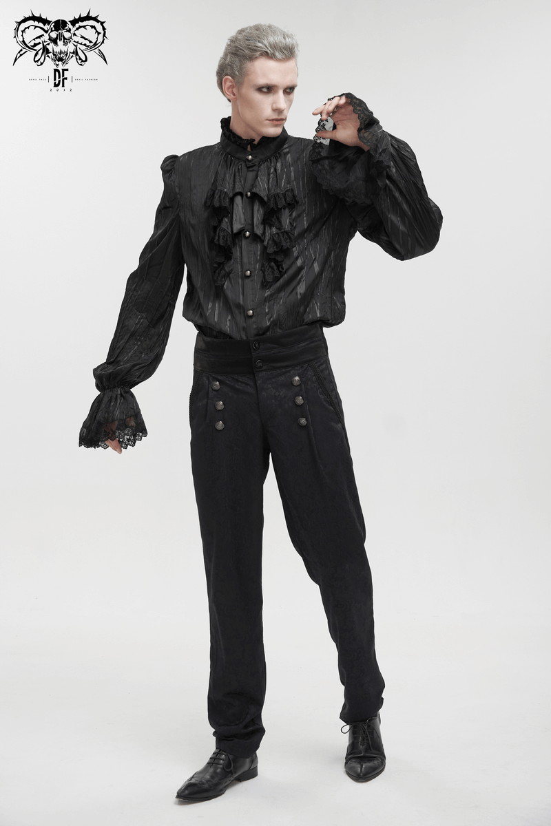 US SALE of Gothic Puff Sleeved Ruffled Shirt / Black Shirt with Buttons and Removable Сhains
