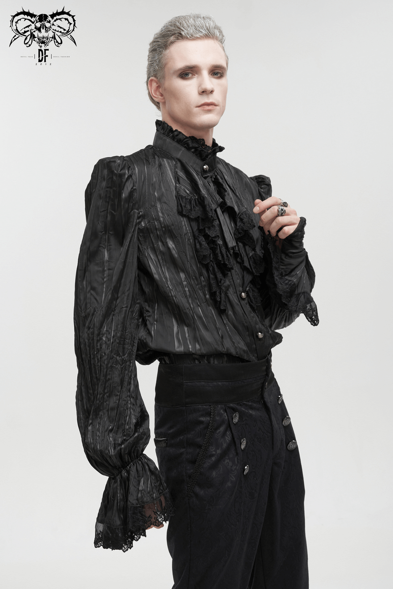 US SALE of Gothic Puff Sleeved Ruffled Shirt / Black Shirt with Buttons and Removable Сhains