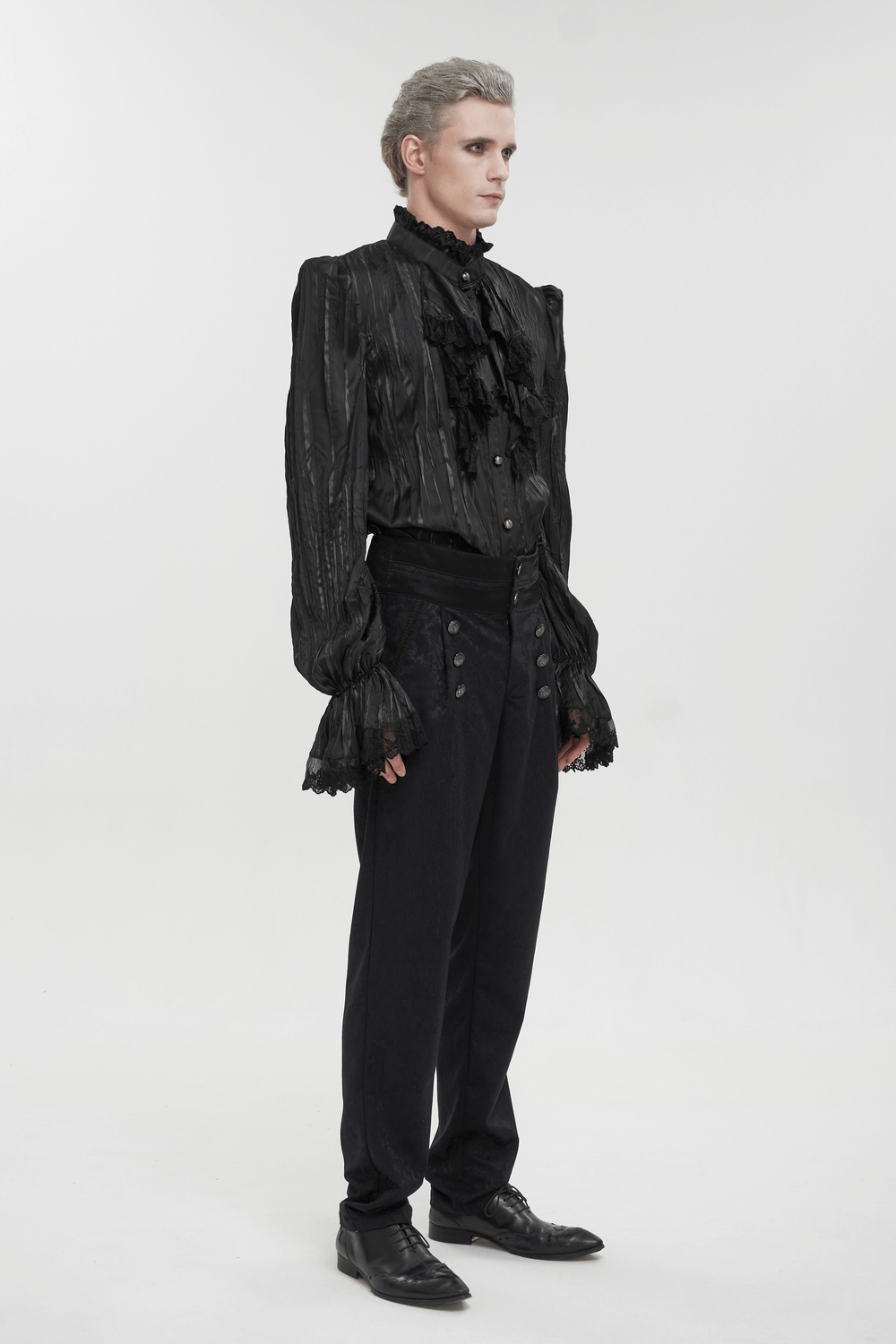 US SALE of Gothic Puff Sleeved Ruffled Shirt / Black Shirt with Buttons and Removable Сhains