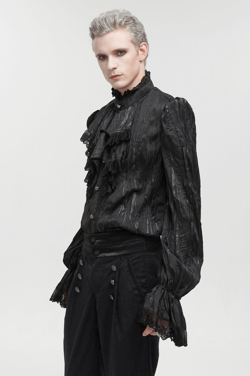 US SALE of Gothic Puff Sleeved Ruffled Shirt / Black Shirt with Buttons and Removable Сhains