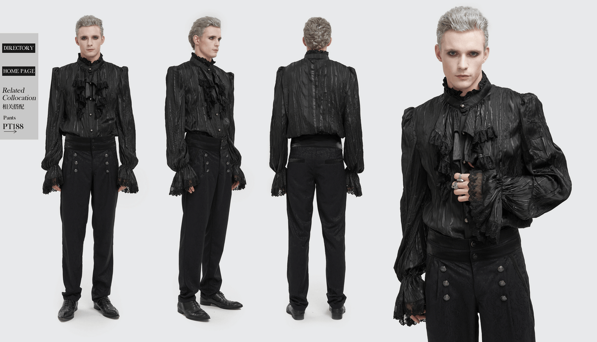 US SALE of Gothic Puff Sleeved Ruffled Shirt / Black Shirt with Buttons and Removable Сhains