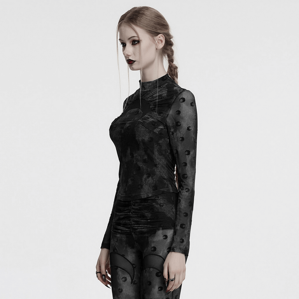 Mesh Crescent Print Long Sleeve Top with High Collar